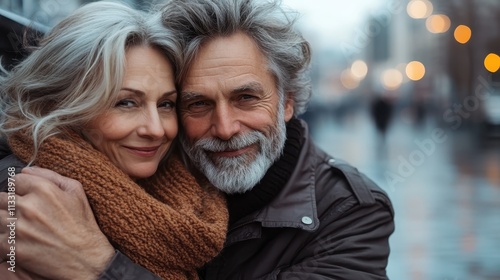 An elderly couple embraces warmly outdoors, exuding happiness and love, illustrating a serene moment of companionship and cherished connection in a serene setting. photo