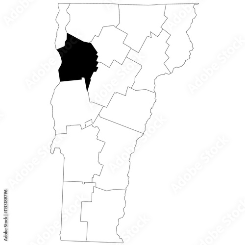 Map of chittenden County in Vermont state on white background. single County map highlighted by black colour on Vermont map. UNITED STATES, US photo