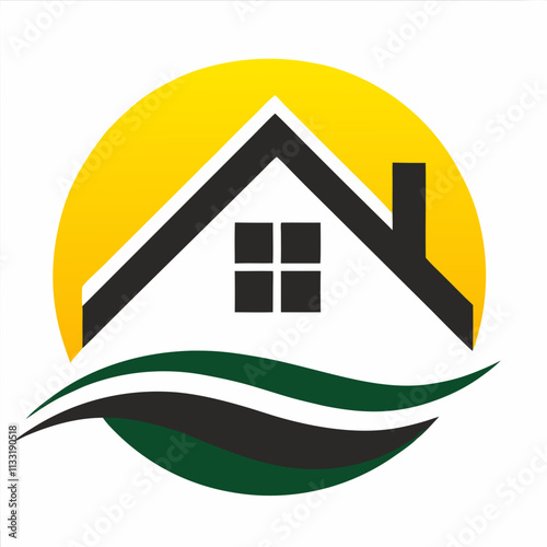 Modern House Logo with Sun and Wave Design photo