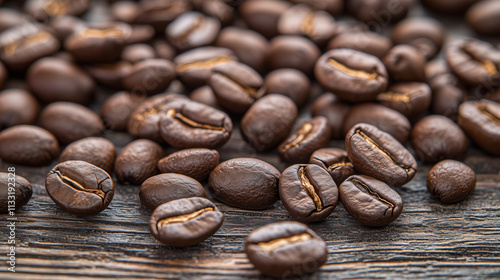 Raw and vibrant close-up of coffee beans on a rustic background photo