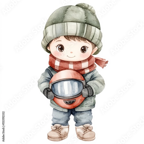 A cute young child in winter attire holds a space helmet, perfect for illustrating themes of adventure, imagination, or childhood, Ideal for children's books, educational materials photo