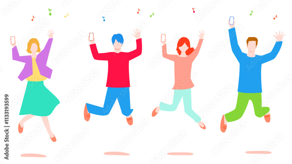 Fototapeta premium Illustration of a young man and woman jumping while holding a cell phone.