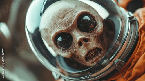 An eerie skeletal alien wearing a space helmet and suit gazes into the cosmos, exploring themes of solitude and the search for meaning in the universe. photo