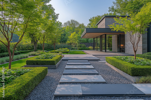 Photographie immobilière d'un jardin minimaliste contemporain avec chemin en pierre et haies soigneusement taillées photo