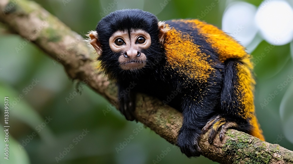 Obraz premium Adorable golden-mantled tamarin monkey on a branch.