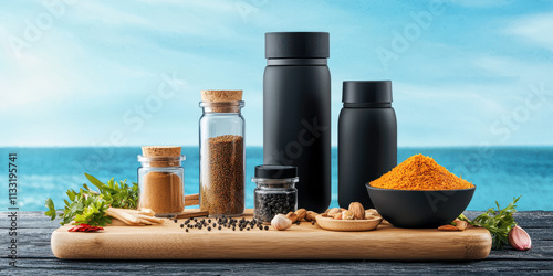 stylish display of spices and herbs in black containers by sea photo