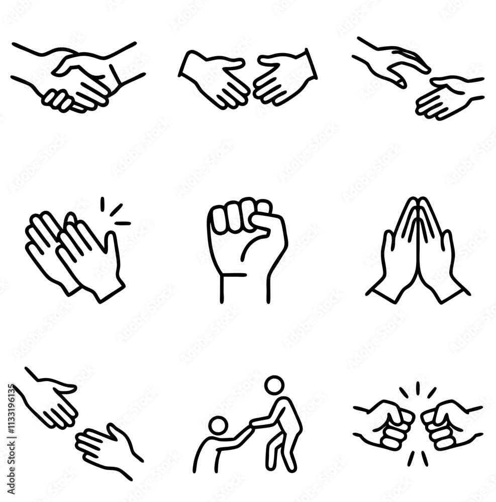 Fototapeta premium Collection of hand gesture icons including shaking hands, clapping, and helping in a minimalist line art design with copy space