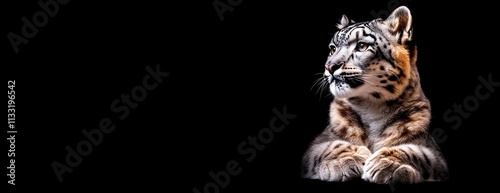 Majestic snow leopard portrait, front view, dark background, right side.