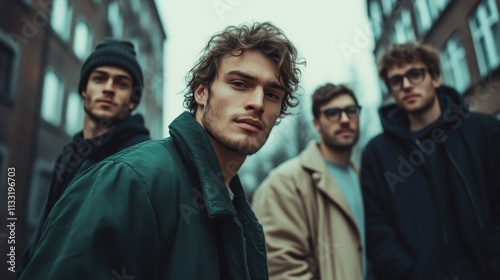 Four young men are casually posed on a city street during winter, dressed in fashionable winter wear, embodying youthful spirit and urban lifestyle. photo