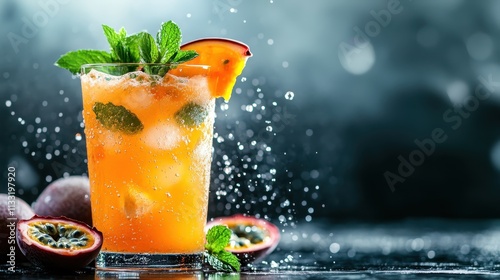 A bubbly passionfruit beverage with mint, captured beautifully on a dark backdrop, showcasing a dynamic splash that's refreshing and full of vibrant energy.