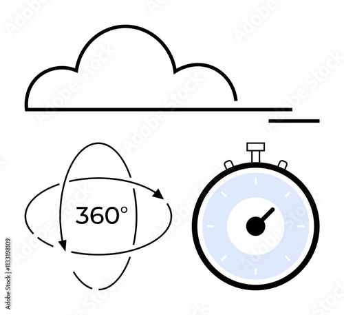Cloud outline, 360-degree arrows around 360 text, and a stopwatch with white and blue elements. Ideal for technology, cloud computing, time management, performance monitoring, virtual reality