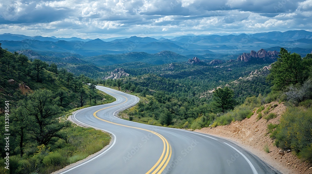 Fototapeta premium A winding road through a lush green valley, with mountains in the background.