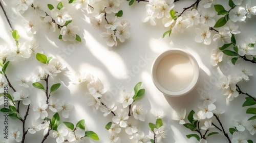 Delicate white cherry blossom flowers framing a simple cream container on a light background, creating a serene and calming aesthetic suitable for beauty and wellness themes. photo