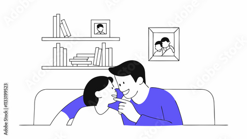 A couple is sitting closely on a couch, smiling at each other affectionately. Shelves with books and framed photos are mounted on the wall behind them. AI generated.