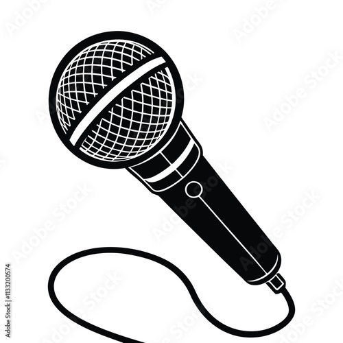 A black and white drawing of a microphone on a white background