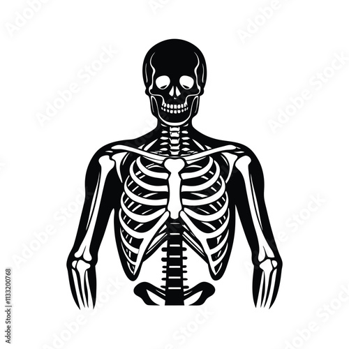 A black and white drawing of a skeleton with a skeleton on it.