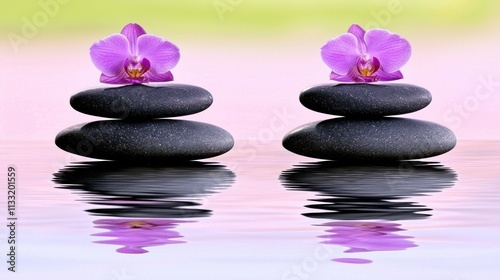 Serene Zen Garden: Purple Orchids and Stacked Stones Reflecting in Calm Water
