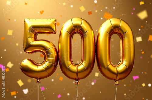 Number 500 gold foil balloon party decoration on festive confetti background.. Happy Birthday greeting card. 3D Render photo