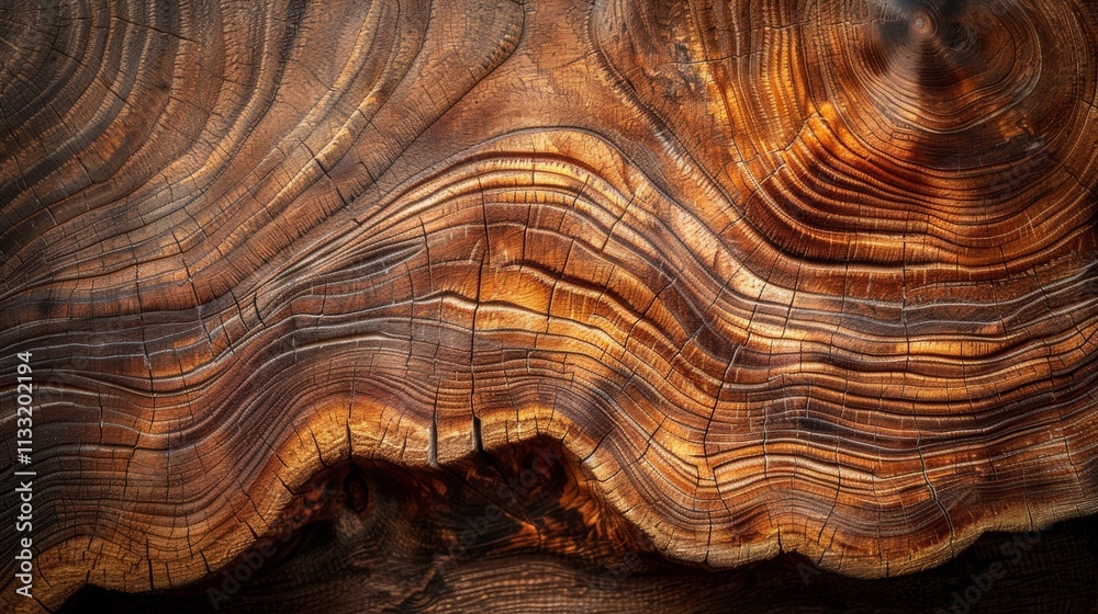 Naklejka premium The beautifully polished wood grain exhibits rich textures along with flowing patterns in a stunning display