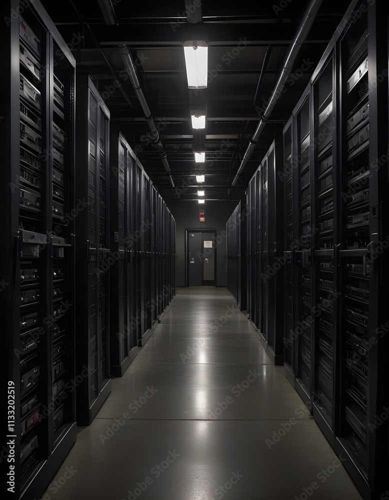 Fototapeta premium A long, dark hallway lined with server racks and equipment, creating a moody, industrial atmosphere