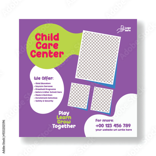 Daycare center and preschool kids editable social media post banner ads,
promotional advertisements or web banner template, child care, babysitter, day care social media square flyer template