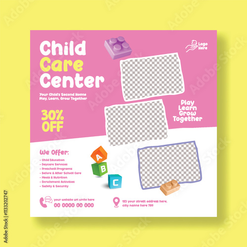 Childcare center and babysitter social media post banner ads, promotional
advertisements template, Nanny occupation, Childcare assistance, Baby Care social media square flyer poster template
