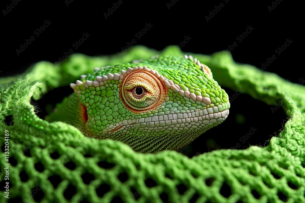 Fototapeta premium Green Lizard in Green Netting Reptile Closeup Wildlife Photography