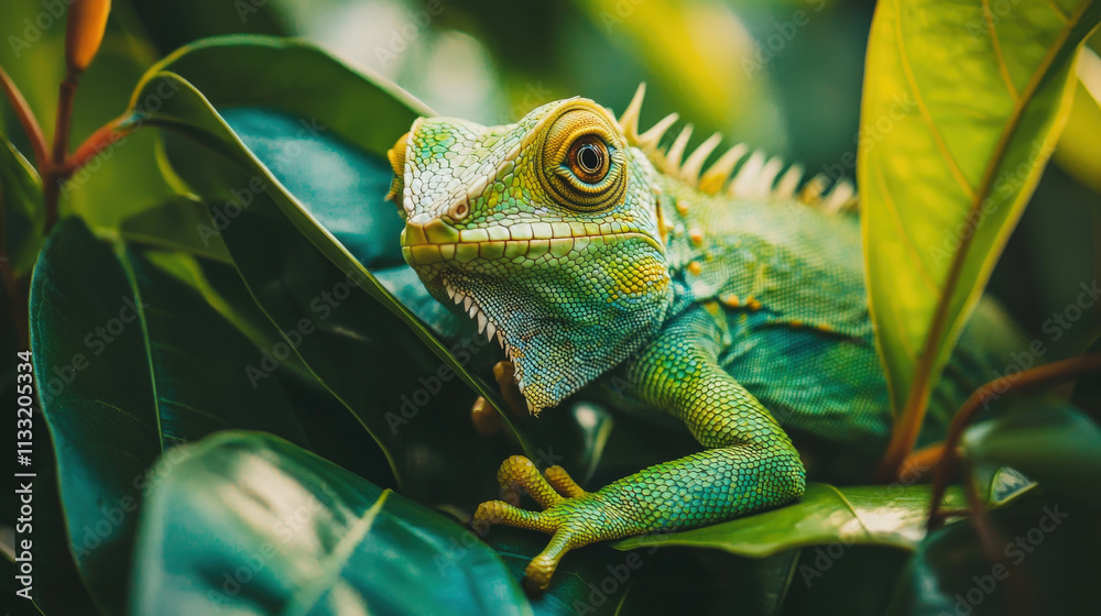 Fototapeta premium Close-Up of a Colorful Lizard Resting Among Lush Green Leaves in a Tropical Setting, Showcasing Intricate Details and Vibrant Colors of Reptilian Life