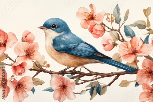 Lazuli bunting with blue feathers and orange breast is perching on a branch with pink flowers photo