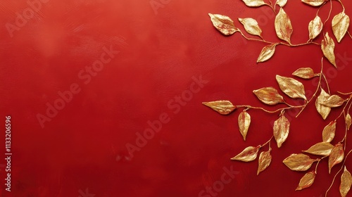 Plain Red Background with Minimal Gold Leaf Design for Elegant Desi Decor photo