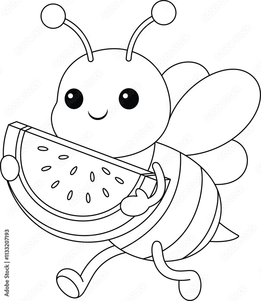 Cute kawaii cartoon character bee bee holding watermelon coloring page for kids
