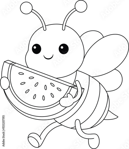 Obraz na płótnie Cute kawaii cartoon character bee bee holding watermelon coloring page for kids w salonie