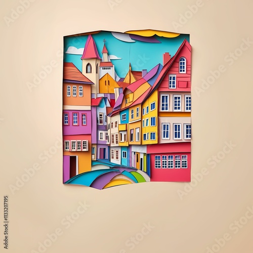 Nordhorn, Germany, paper cut illustration - A colorful city scene with a bridge and a rainbow umbrella photo