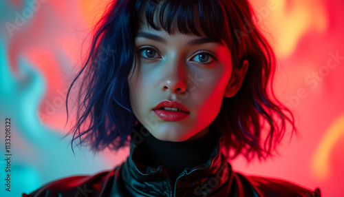 Close-up portrait of a striking woman with colorful lighting and a stylish outfit