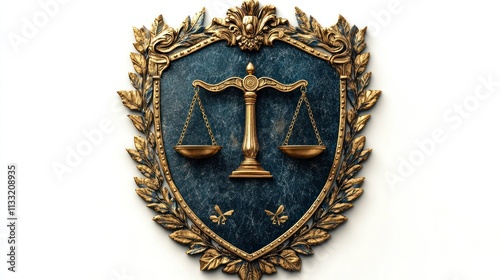 Ornate shield with golden scales of justice.