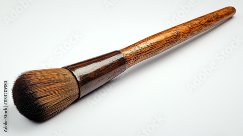 Close-up of a wooden-handled artist's paintbrush with a round, fluffy bristle head.. photo