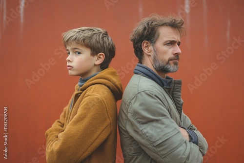 Father and son standing back to back with arms crossed, not talking to each other after an argument photo