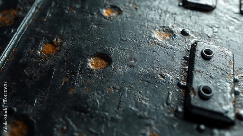 Close-up of Rusted Metal Surface with Circular Indents and Two Circular Fasteners