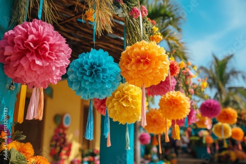 Vibrant paper pom poms hanging in a tropical setting, creating a cheerful and festive atmosphere