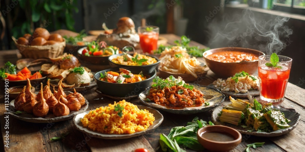 Obraz premium Diverse Cuisines and Beautifully Prepared Meals