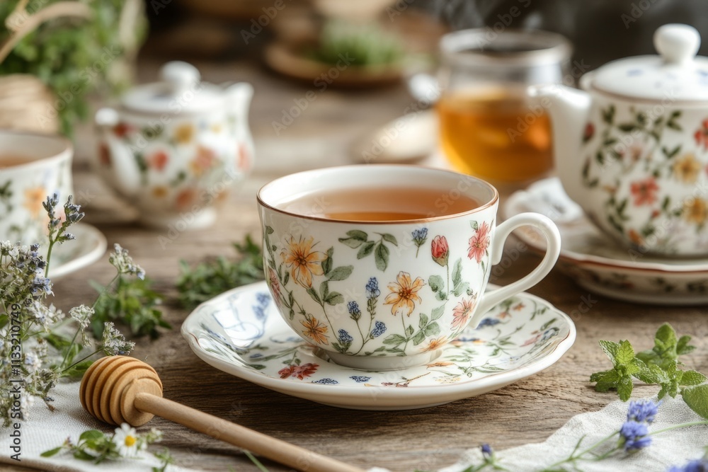Fototapeta premium Steaming herbal tea being served in a floral teacup with honey and fresh herbs on a rustic wooden table