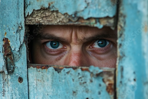 Eye of a man peeking through a hole in a weathered wooden wall, creating a sense of mystery and suspense photo