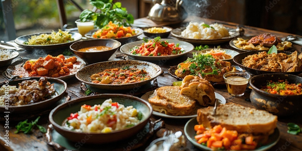 Obraz premium Diverse Cuisines and Beautifully Prepared Meals