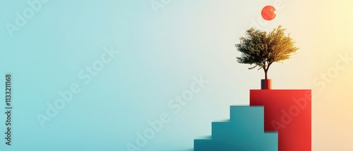A vibrant scene featuring a tree on a colorful staircase, symbolizing growth and aspiration against a serene background.