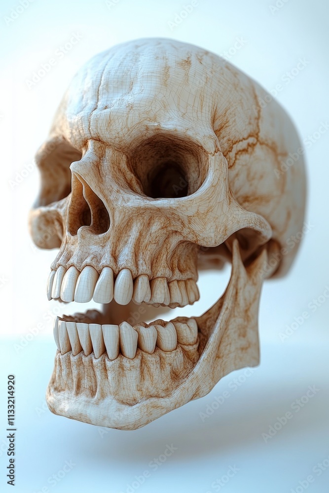 Obraz premium Detailed 3D illustration of human jaw model highlighting teeth and gums on white background
