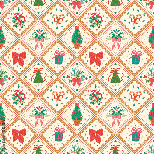 Christmas bows and ribbons patchwork seamless pattern with winter holiday fir branches, Christmas tree. Cute vector quilt, blanket cozy mosaic background, print, gift paper, textile design, wallpaper