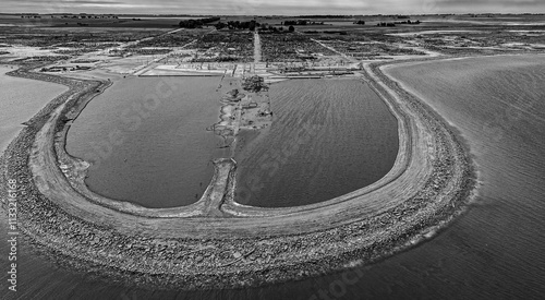 Aerial drone shot of ruins of flooded and abandoned Epecuen Village photo