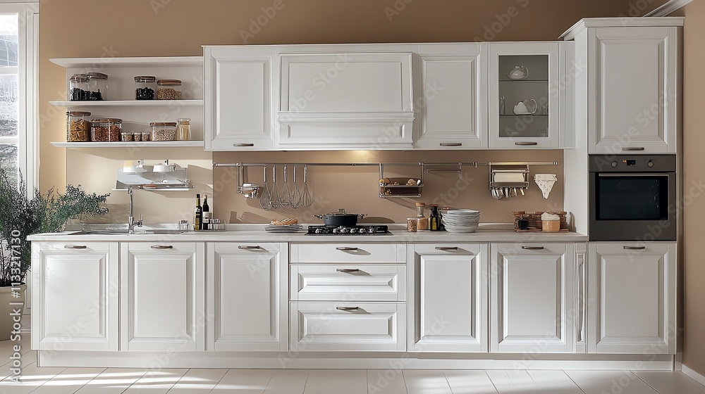 Fototapeta premium Modern white kitchen with elegant design and organized layout.