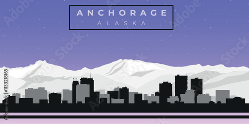 Cityscape against the starry sky. Anchorage, Alaska, Usa. Black and white silhouettes of buildings. Vector on gray background	