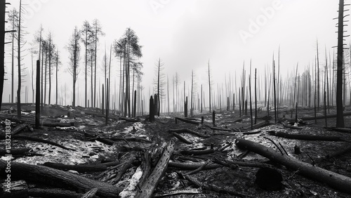 Burnt Trees and Ashes in Misty Forest After Wildfire, Concept of Devastation